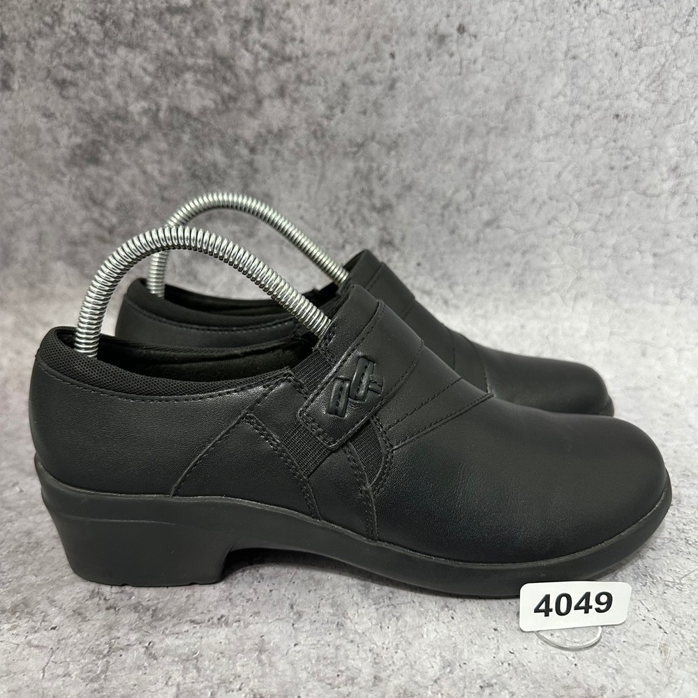 Clarks Angie Pearl Womens 8.5 Black‎ Leather Slip On Loafers Low Block Heel